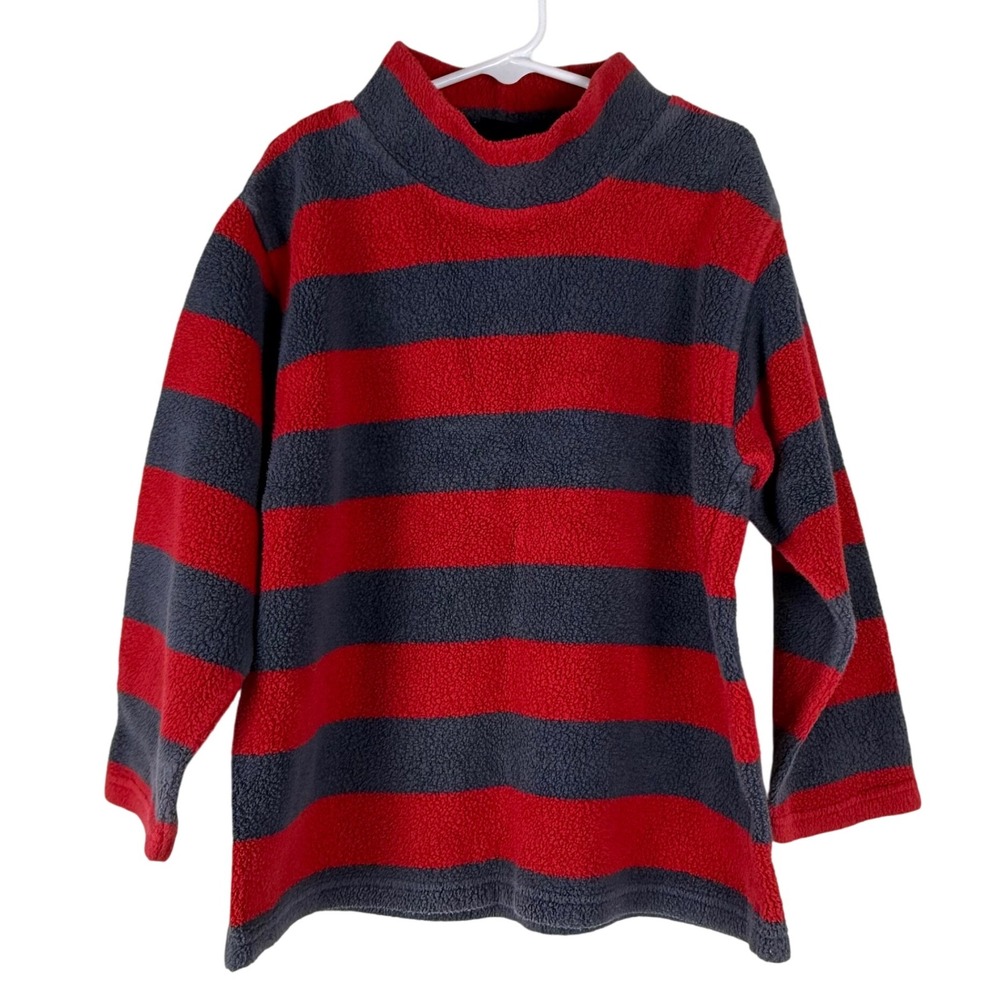 Mini Boden Fleece Top‎ Kids 5-6Y Red Gray Striped Mock Neck Long Sleeve EUC